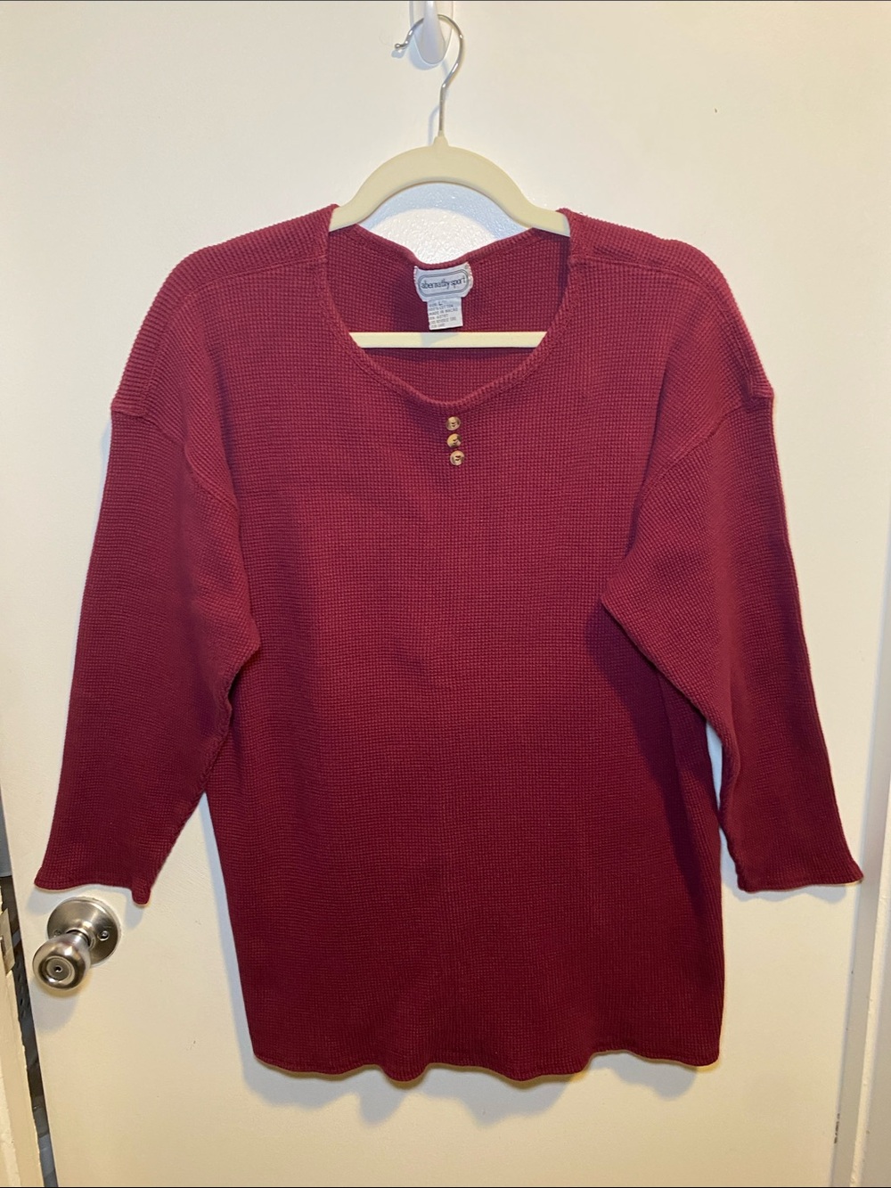 Women's Wine Red Knit Long-Sleeve Top with Button Detail